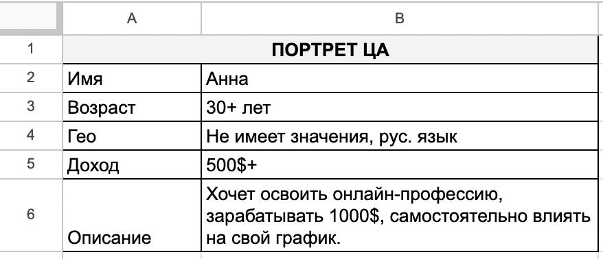 таблиця з портретом цільової аудиторії: Анна, 30 років, дохід 500 доларів